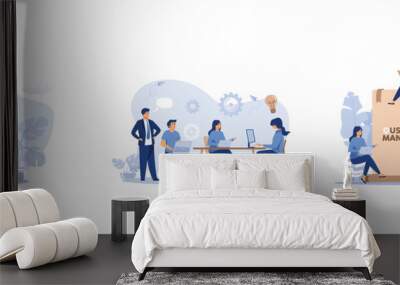 Woman giving comfort and support to friend, keeping palms on her shoulder, Company employees planning task and brainstorming, Tiny people with guide instructions or handbooks, set flat vector modern i Wall mural