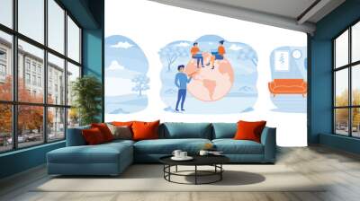 work from anywhere. Business people sitting around world map on globe working with online computer. Businessman relax working remotely with computer laptop in cocktail glass at night. set flat vector  Wall mural