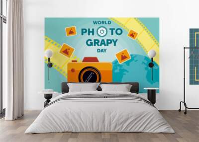 World photography day. Vintage camera. August 19 with world map on green background. Set flat vector modern illustration Wall mural