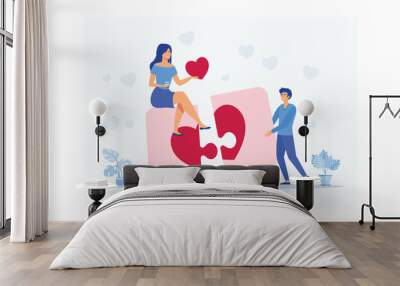 Young man and woman holding pieces of heart that is matching. Love couple match. Valentine's day. Soulmate. Heart jigsaw. Date or blind date, flat vector modern illustration Wall mural