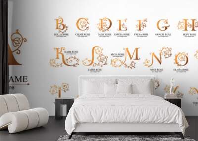 Floral alphabet logo set. Rose flowers in design. Delicate monograms for wedding, boutique, flower business, fashion Wall mural