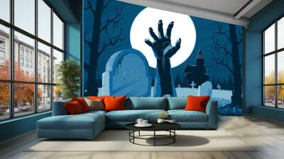 Hand of zombie corpse with claws raised up from grave with gravestone on a cemetery with abandoned hut on Halloween holiday on a night background with Moon. Vector hand drawing graphic illustration. Wall mural