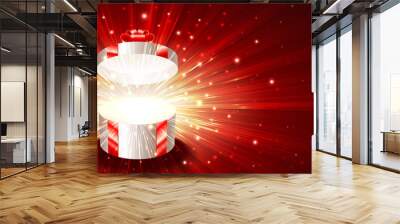 Open gift box with exploding firework of glitters on light rays. Greeting card for Christmas, New Year, Birthday. Vector background banner of postcard illustration. Flyer leaflet proportion 8.5x3.66 Wall mural