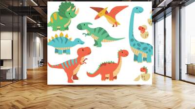 Cartoon dinosaurs. Baby dino prehistoric animals. Cute dinosaur, jurassic period animal stegosaurus brachiosaurus, trex and pterosaurs. EPS Wall mural