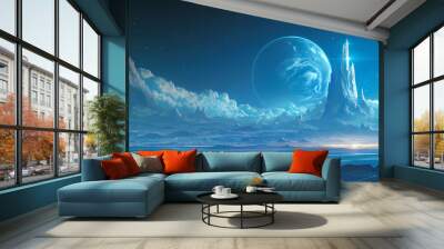 Blue planet in space, dark fantasy background Wall mural