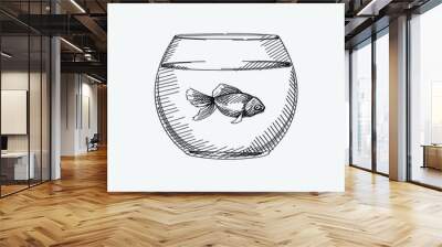 Hand-drawn sketch of fish tank on a white background. Domestic animal. Home pet. Gold fish in a small tank. Simple tank with fish. Fish in the aquarium Wall mural