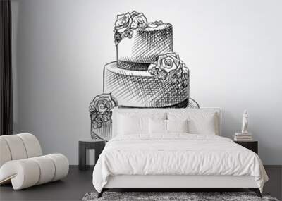 Hand Drawn wedding cake with floral decoration Sketch Symbol isolated on white background. Vector of Wedding elements In Trendy Style. Wall mural