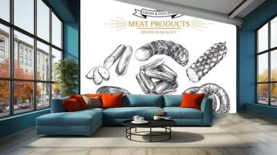 Set of hand drawn sausages isolated on white background. Meat products sketch elements. Retro hand-drawn smoked and boiled sausages vector illustration. Wall mural