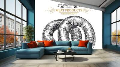 Sketch smoked sausages on white background. Hand drawn meat elements Retro style poster with cow banner vector illustration. Use for butcher shop, livestock farm. Wall mural