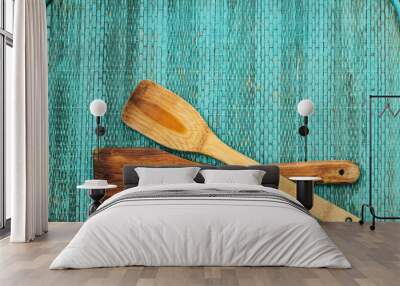 tools on wooden turquoise background Wall mural