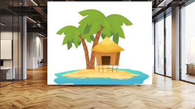 Beach hut or bungalow with straw roof, wooden on tropic island with palm tree in cartoon style isolated on white background. Bamboo cabin, small house exotic object. Wall mural