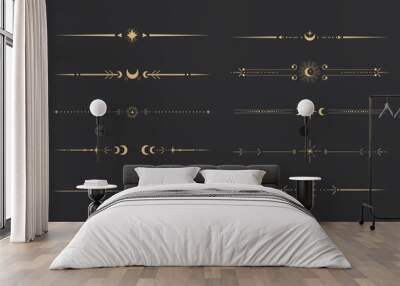 Golden divider celestial border with stars moon and sun thin line elegant simple decoration, mystic tarot separator, minimalist magic gold design element on dark background Wall mural