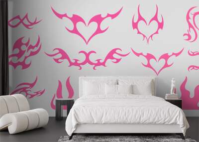 Neo tribal pink emo heart, wings and flame y2k aesthetic tattoo gothic, fire or wings abstract silhouette isolated on background. Divider, border, cyber body ornament, neotribal web goth decoration Wall mural