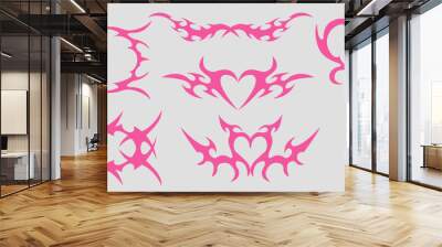 Neo tribal pink emo heart, wings and flame y2k aesthetic tattoo gothic, fire or wings abstract silhouette isolated on background. Divider, border, cyber body ornament, neotribal web goth decoration Wall mural