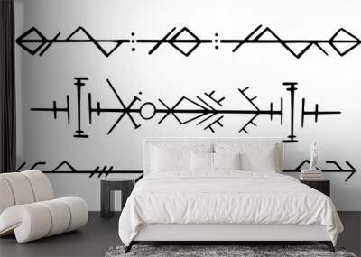 Nordic celtic runes header divider, set norse protection symbols in doodle style, amulet, witchcraft signs on white background. Wall mural