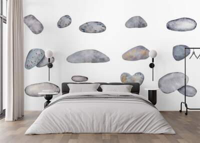 Collection of aligned stones. Set of watercolor elements for design. Gray stones, pebbles. Wall mural