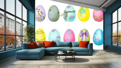 Collection of Watercolor Easter eggs in bright colors, decorated with floral patterns, ribbons, bows.. Wall mural