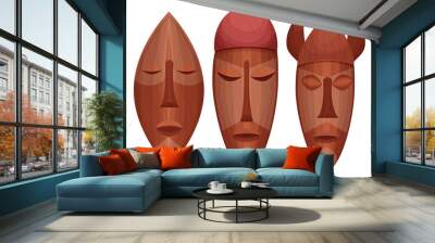 Set african tribal wooden mask, totem face, aborigine avatar in cartoon style isolated on white background. Detailed objects. Wall mural