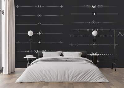 Silver celestial divider thin line border decoration. Collection tribal with moon, stars and arrows mystical separators. Modern ornament minimal set isolated on dark background. Wall mural