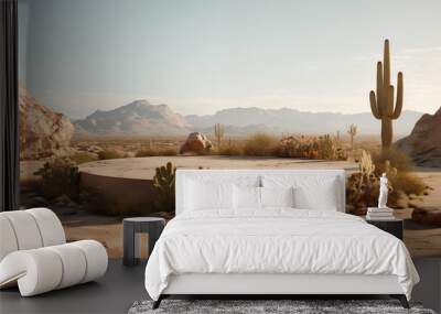 Stone podium on the background of Arizona Desert Cactus Landscapes for Product placement. Generative AI Wall mural