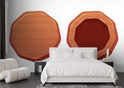 Wood sign, banner, wooden round empty plank in cartoon style isolated on white background. Game assets, ui element. Textured material, frame for massage, decoration.  Wall mural