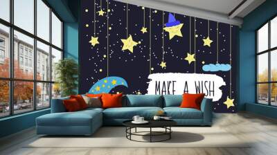 cartoon illustration of hand drawing of a smiling moon and a falling bright stars. make a wish. vect Wall mural