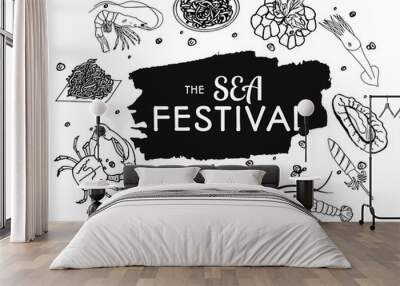 Seaside holiday, the day of the sea Maritime festival background with set of sea products in black and white monochrome style Wall mural