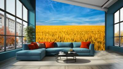 Ukrainian flag, wheat field against the blue sky Wall mural