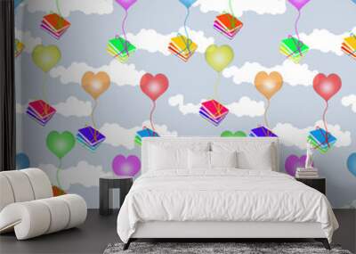 Seamless pattern of colorful heart shaped balloons carrying books Wall mural