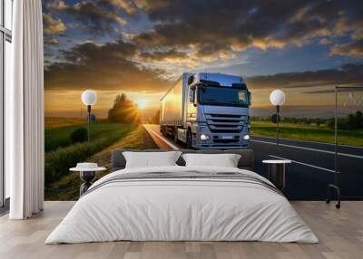 Truck driving on the asphalt road in rural landscape at sunset with dark clouds Wall mural