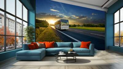 White bus arriving on the asphalt road in rural landscape in the rays of the sunset Wall mural