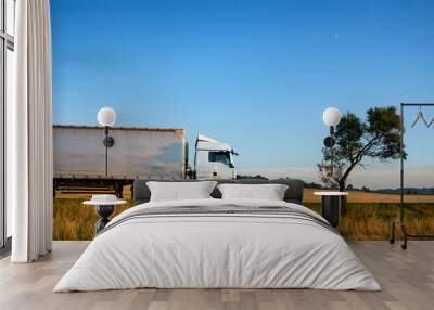 White truck driving on the road horizon along the agricultural fields with silhouette of a tree under blue sky with the crescent moon Wall mural