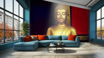 golden buddha statue, The face of gold buddha statue, Close up of the old Thai buddha with wooden wall background in art of religion concept Wall mural