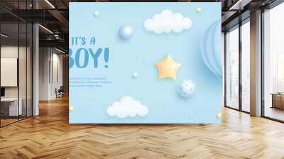 Baby shower horizontal banner with cartoon hot air balloon, helium balloons and clouds on blue background. It's a boy. Vector illustration Wall mural