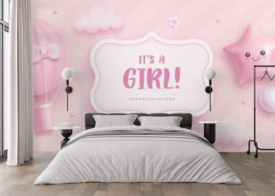 Baby shower horizontal banner with cartoon hot air balloon, helium balloons and flowers on pink background. It's a girl. Vector illustration Wall mural