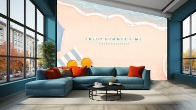 Beautiful horizontal banner design template with realistic summer elements on a beach background. Vector illustration Wall mural