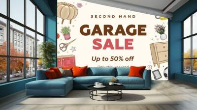 Garage promotional sale horizontal banner or flyer template with hand drawn vintage furniture and interior design elements. Garage sale concept vector illustration Wall mural