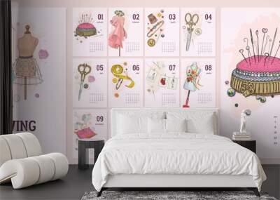 Illustrated 2023 calendar template with hand drawn vintage sewing tools and accesories. Vector illustration Wall mural