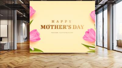 Mother's day poster or banner with realistic bouquet of tulips on yellow background Wall mural