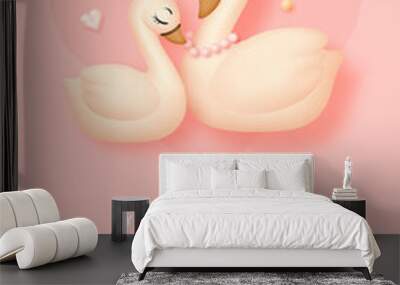 Mother's day poster with cartoon swan and sweet hearts on pink background. Vector illustration Wall mural