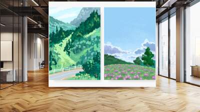 Set of hand drawn vector landscape background. Beautiful illustration of summer forest, field, lake and mountains. Summer holidays poster or banner design template Wall mural