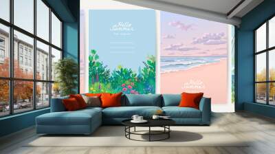 Set of hand drawn vector landscape background. Beautiful illustration of summer garden, beach, sea and sky. Summer holidays poster or banner design template Wall mural