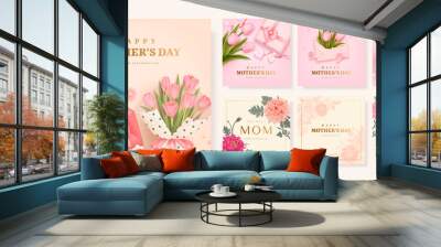 Set of Mother's day poster, banner or greeting card with realistic envelope, gift box and tulips and hand drawn flowers isolated on background Wall mural