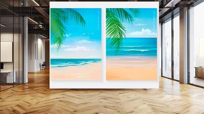 Set of vector beautiful realistic illustration of sandy summer beach and palm leaves. Summer holidays banner design template Wall mural