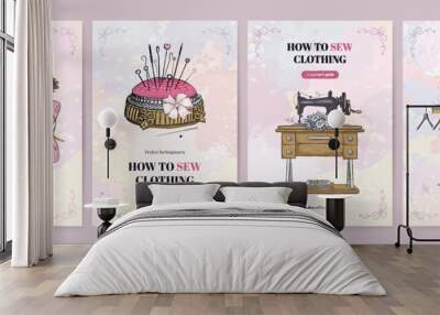 Sewing studio banner design set. Workshop flyer with hand drawn vector sew element. Vintage clothing guide, web courses advertisement wallpaper. Dressmaker retro card Wall mural