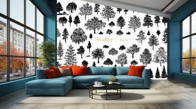 Trees sketch set. Hand drawn graphic forest. Vector illustration of different trees, shrubs and grass isolated on white background Wall mural