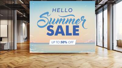 Vector beautiful realistic illustration of colorful sandy summer beach and palm trees. Summer sale horizontal promotional travel wallpaper, flyer or web banner design template Wall mural