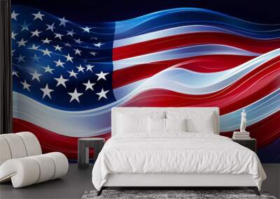 American flag waving in the wind on blue background Wall mural