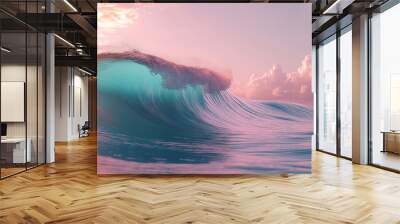 Big ocean wave breaking at sunset with pink and turquoise colors Wall mural