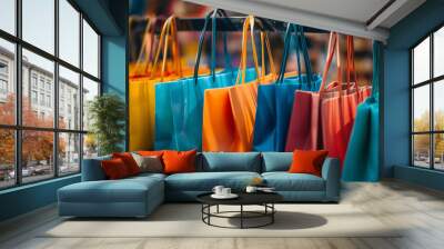 Colorful shopping bags hanging on clothes rack representing retail sales and consumerism Wall mural